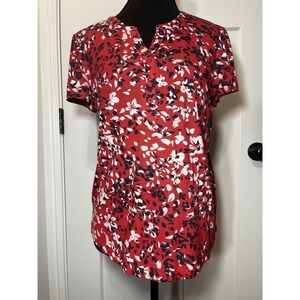 Liz Claiborne Red Floral Print Short Sleeve V Neck Henley Tunic Top Womens Small